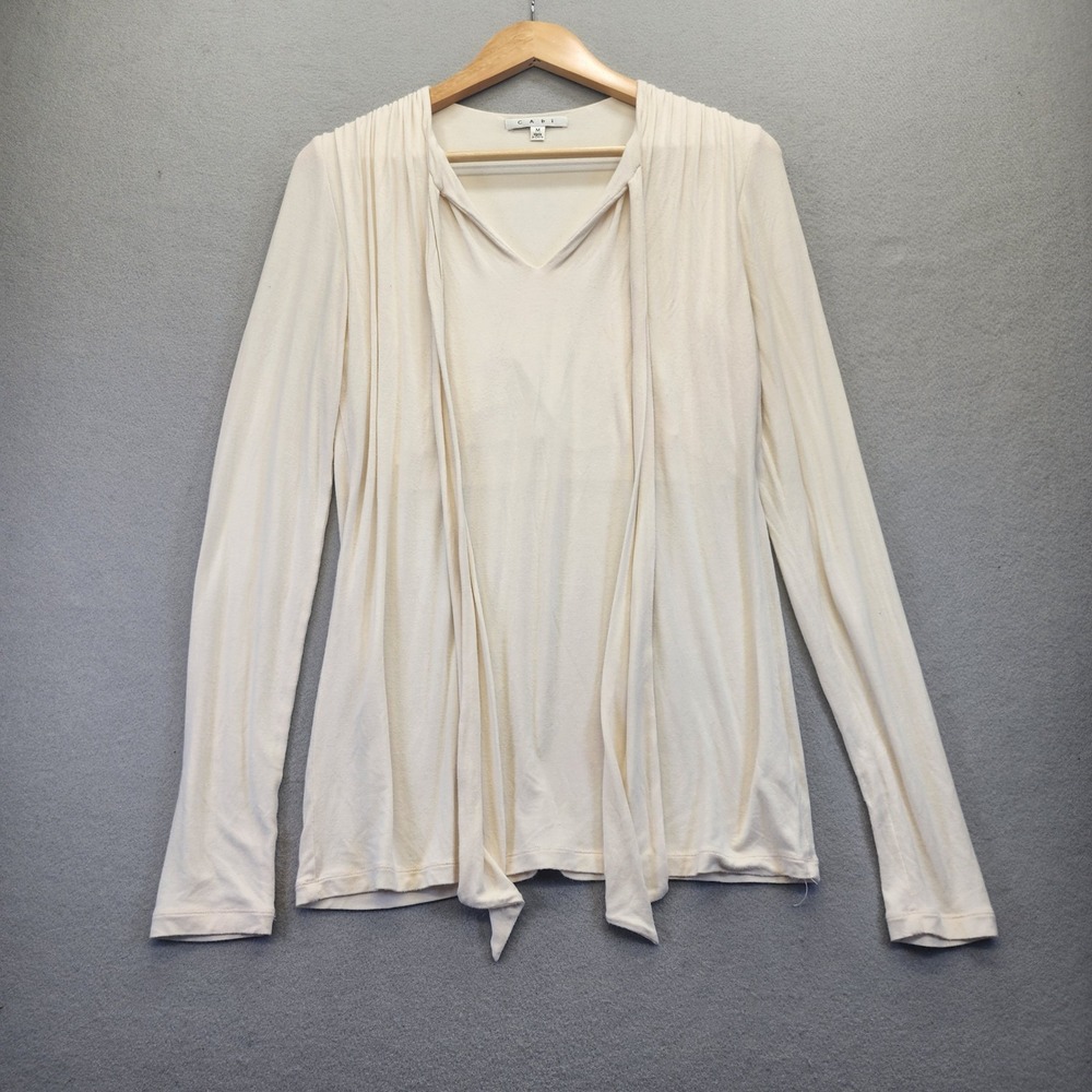 Cabi Ivory Tie Neck Blouse Pleated Shoulder Long Sleeve Knit Top Cream Womens M